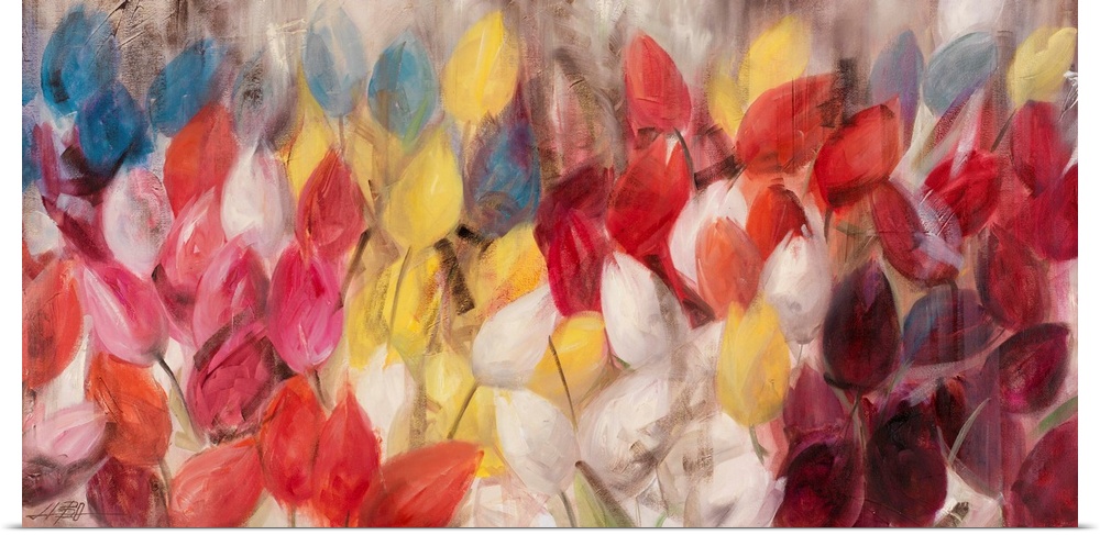 Contemporary painting of a multitude of different colored tulips.