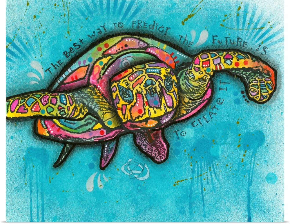"The Best Way to Predict the Future is to Create it" handwritten around a colorful turtle on a blue background.
