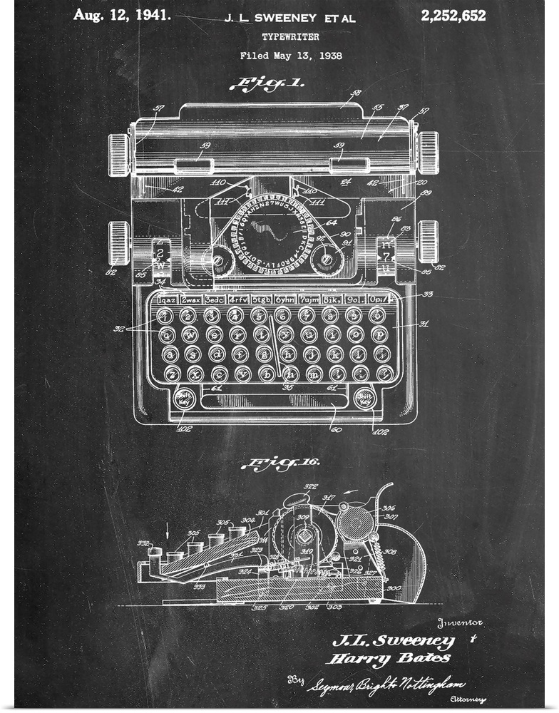 Black and white diagram showing the parts of a typewriter.