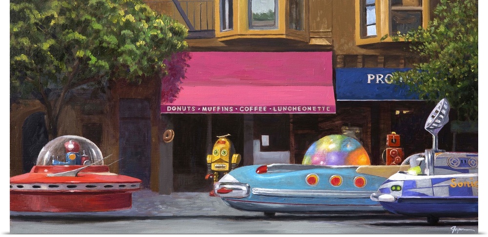 A contemporary painting of a city street scene with retro toy robots driving rocket ship cars.
