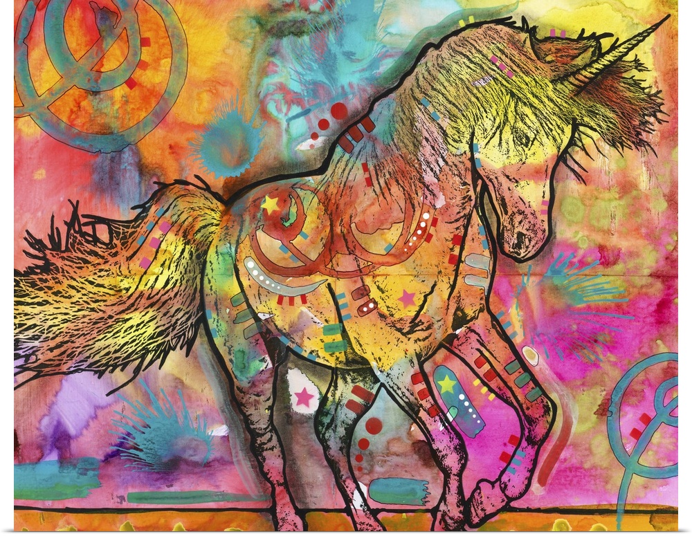 Colorful painting of a unicorn covered in abstract designs.