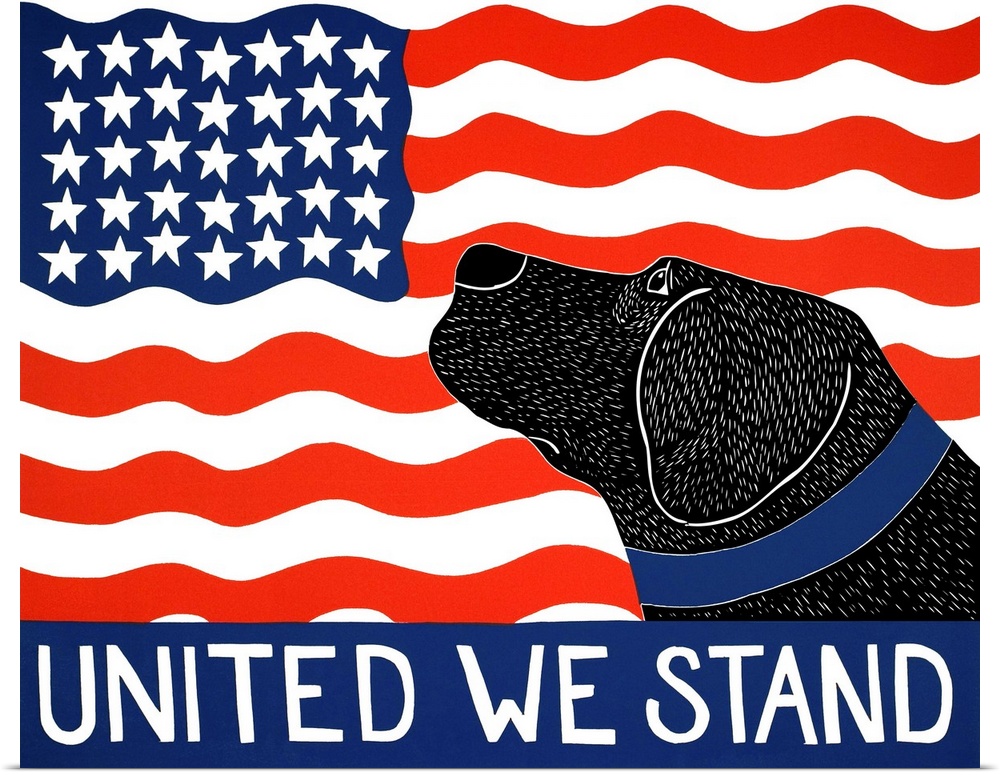 Illustration of a black lab looking up at the American flag with the phrase "United We Stand" written at the bottom.
