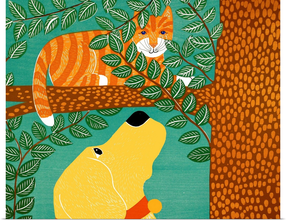 Illustration of a yellow lab looking up at an orange striped cat sitting on a tree branch.
