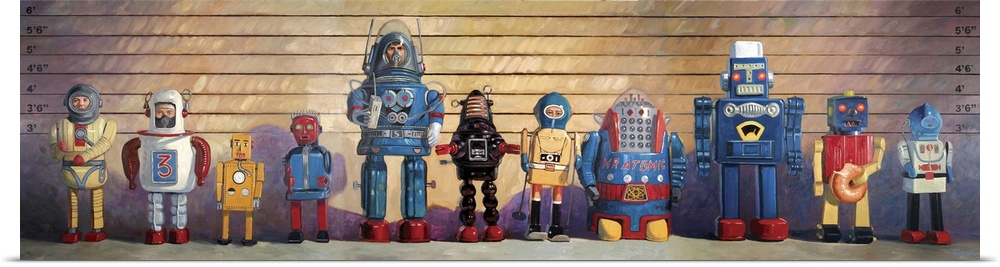 A contemporary painting of a police line-up of retro toy robots some of which eating donuts.