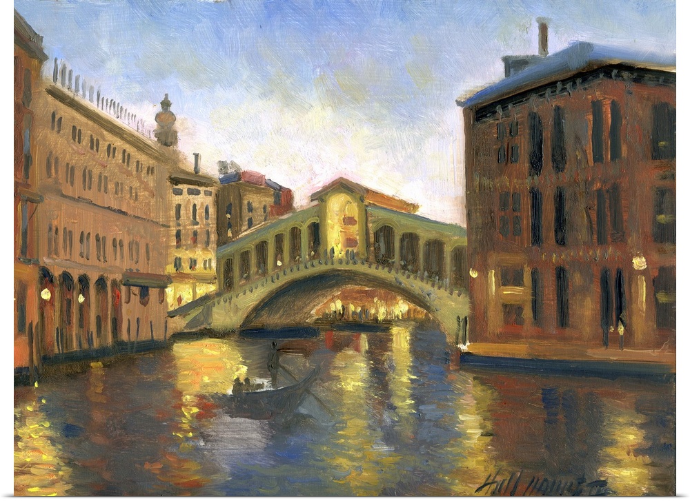Contemporary painting of a scenic view of a town in Venice.