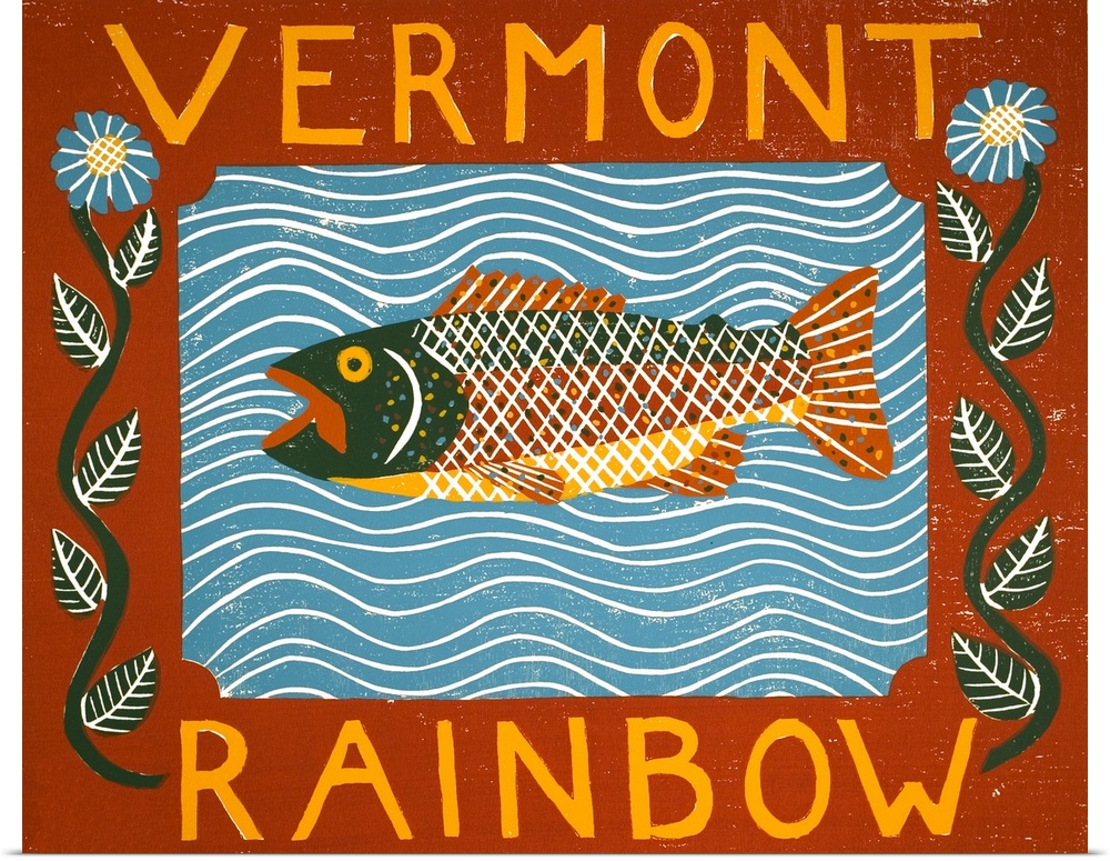 Illustration of a rainbow trout in the water framed with a floral frame with the words "Vermont Rainbow" written on it.