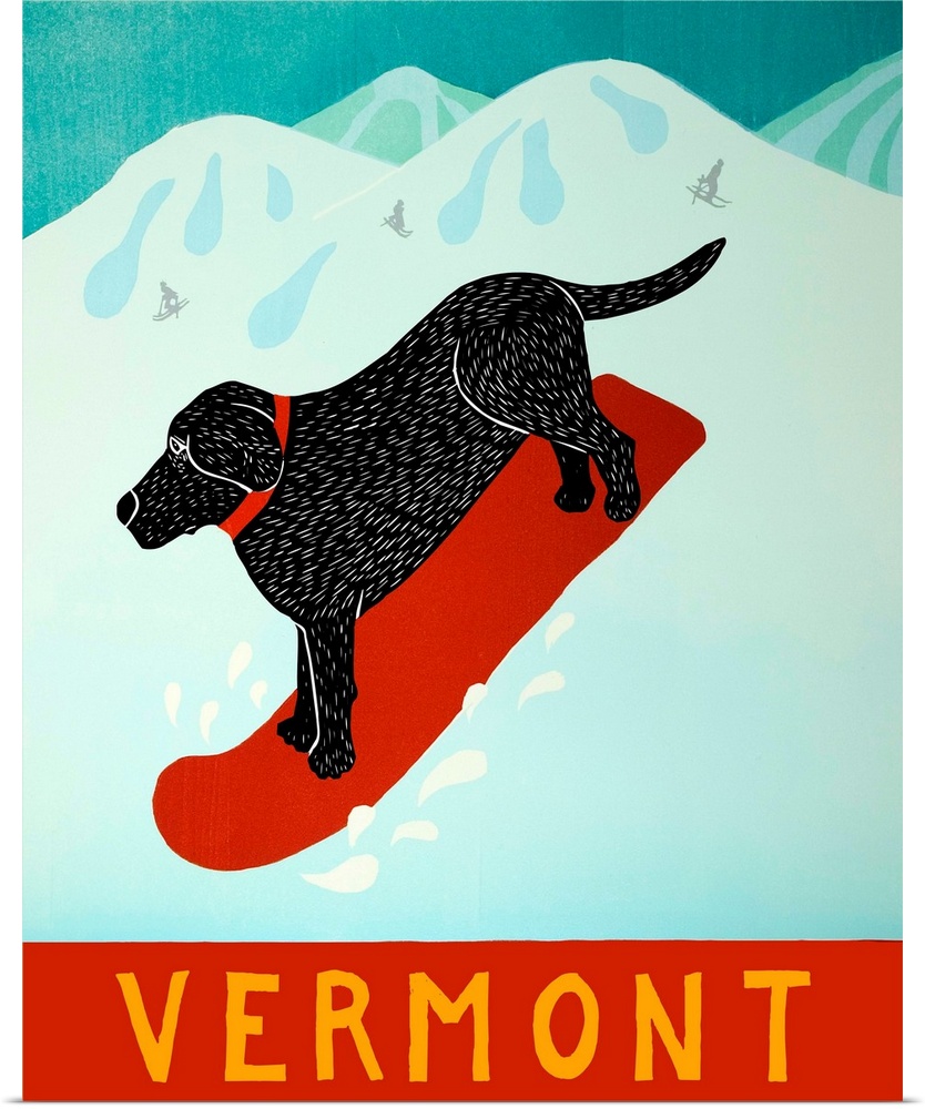 Illustration of a black lab going down the slopes in Vermont on a red snowboard.