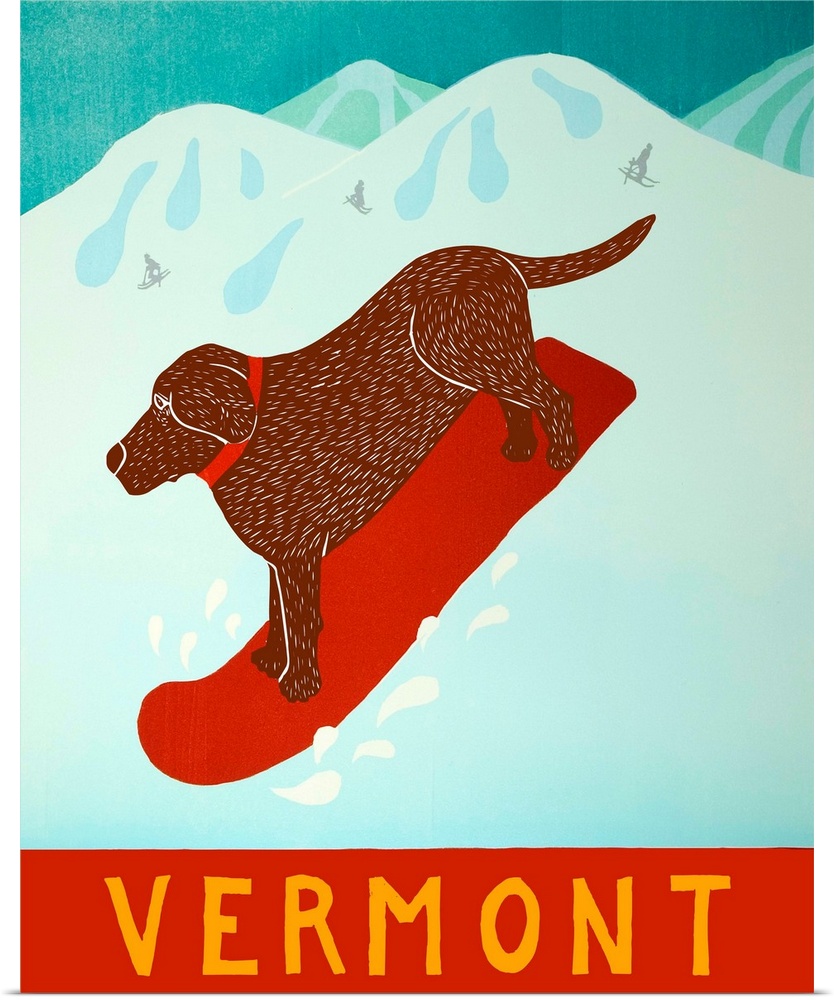 Illustration of a chocolate lab going down the slopes in Vermont on a red snowboard.