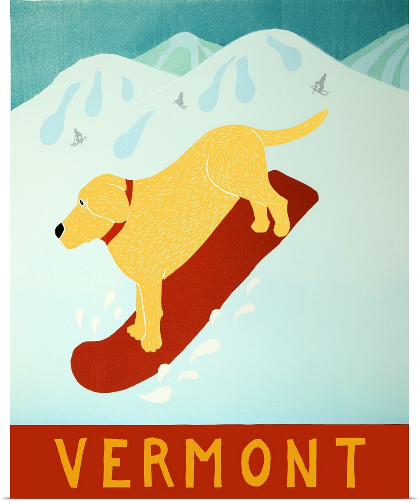 Illustration of a yellow lab going down the slopes in Vermont on a red snowboard.