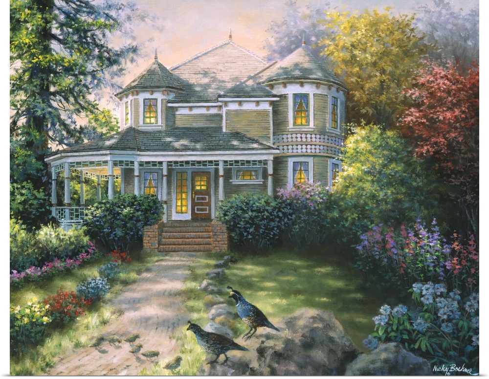 Painting of a large Victorian house with glowing windows. Product is a painting reproduction only, and does not contain ac...
