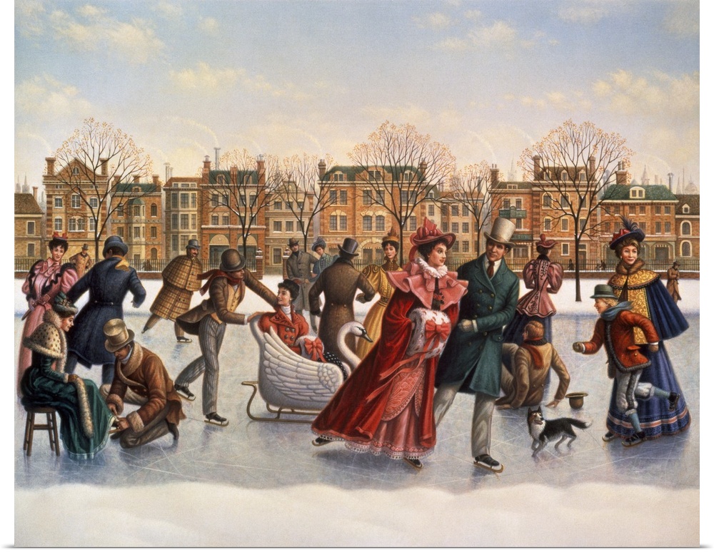 Victorian scene of skaters on a frozen pond in winter.