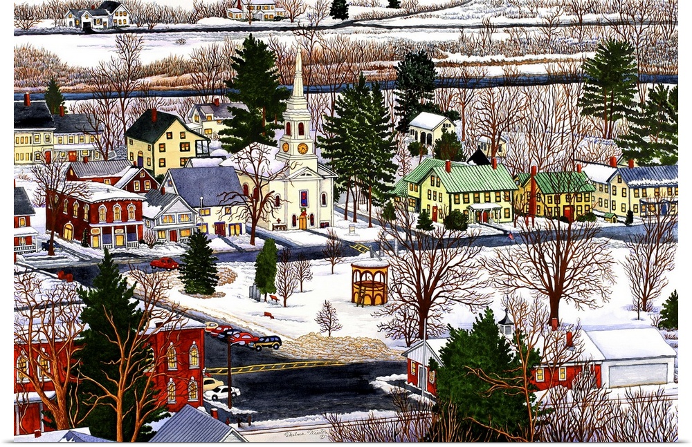 Contemporary painting of an idyllic town in winter.
