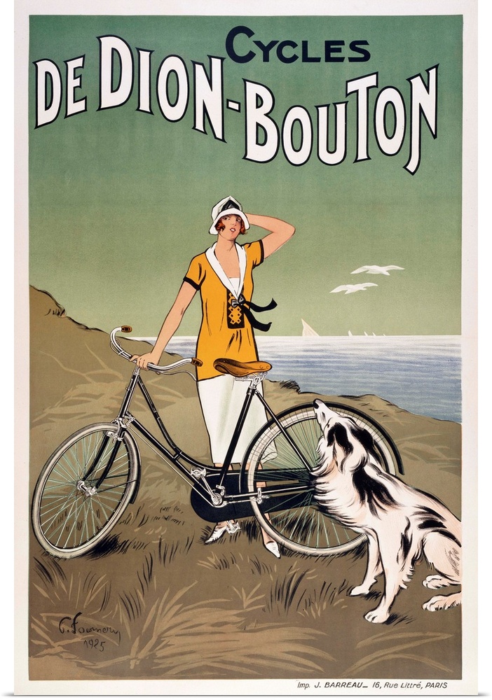 Woman standing on a hill with her bicycle and dog, a bay is in the distance behind her.