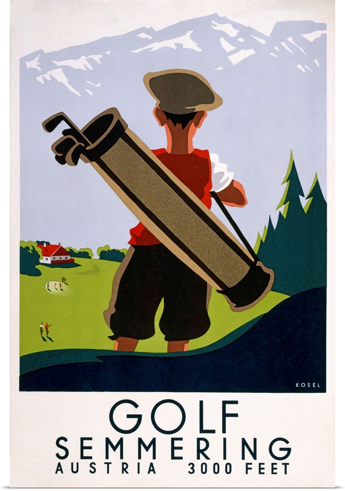 Reads: Golf Semmering Austria 3000 feetperson holding golf bag looking out of course with mountains rising up behind