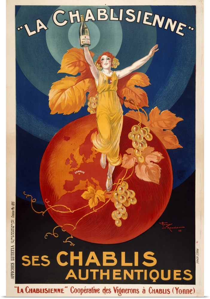 VINTAGE POSTERwoman standing on orange globe with grapes on vine holding up  bottleLA CHABLISIENNE SES CHABLIS AUTHENTIQUES