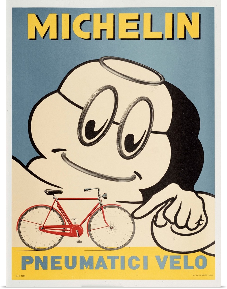 Michelin man pointing to the tires on a bicycle.