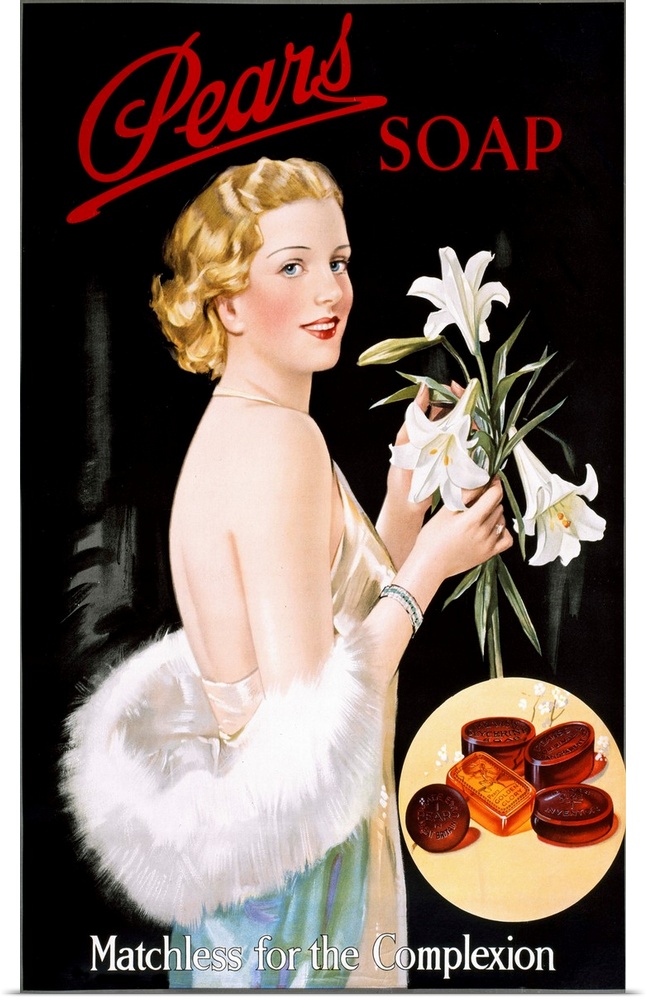 a glamorous woman holding a bunch of lilies.  advertisement for soap