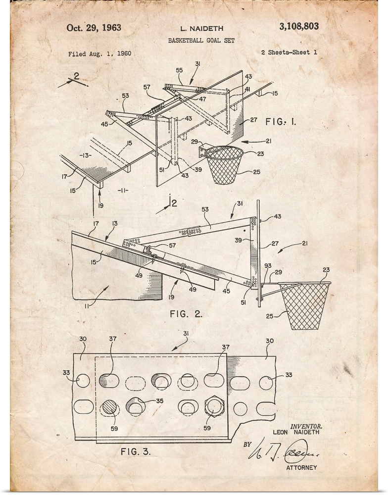 Vintage Parchment Basketball Adjustable Goal 1962 Patent Poster
