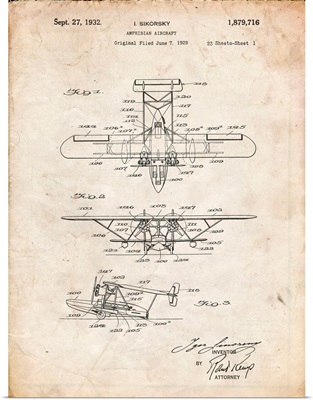 Vintage Parchment Biwing Seaplane Patent Print
