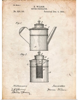 Vintage Parchment Coffee 2 Part Percolator 1894 Patent Poster
