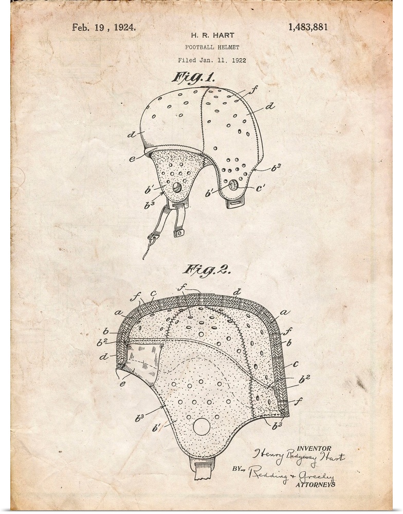 Vintage Parchment Football Helmet Patent 1922 Wall Art Poster