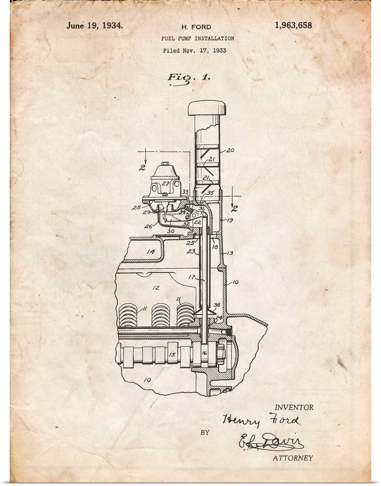 Vintage Parchment Ford Fuel Pump 1933 Patent Poster