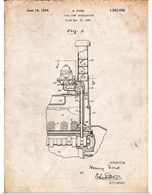 Vintage Parchment Ford Fuel Pump 1933 Patent Poster