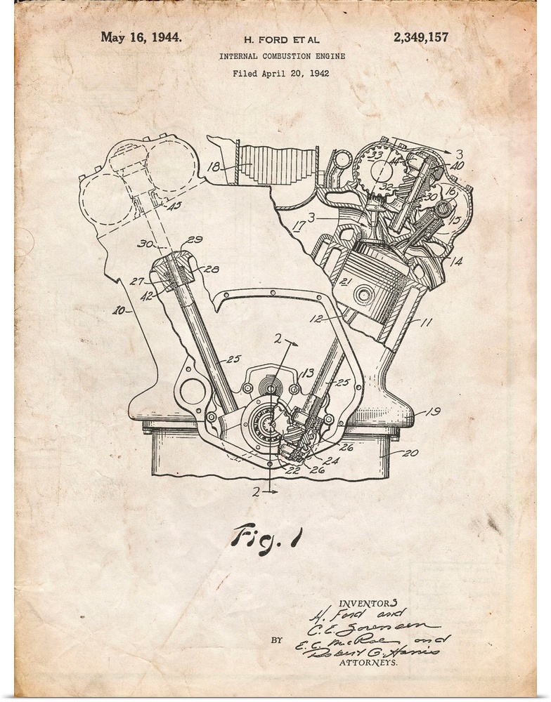 Vintage Parchment Ford Internal Combustion Engine Poster