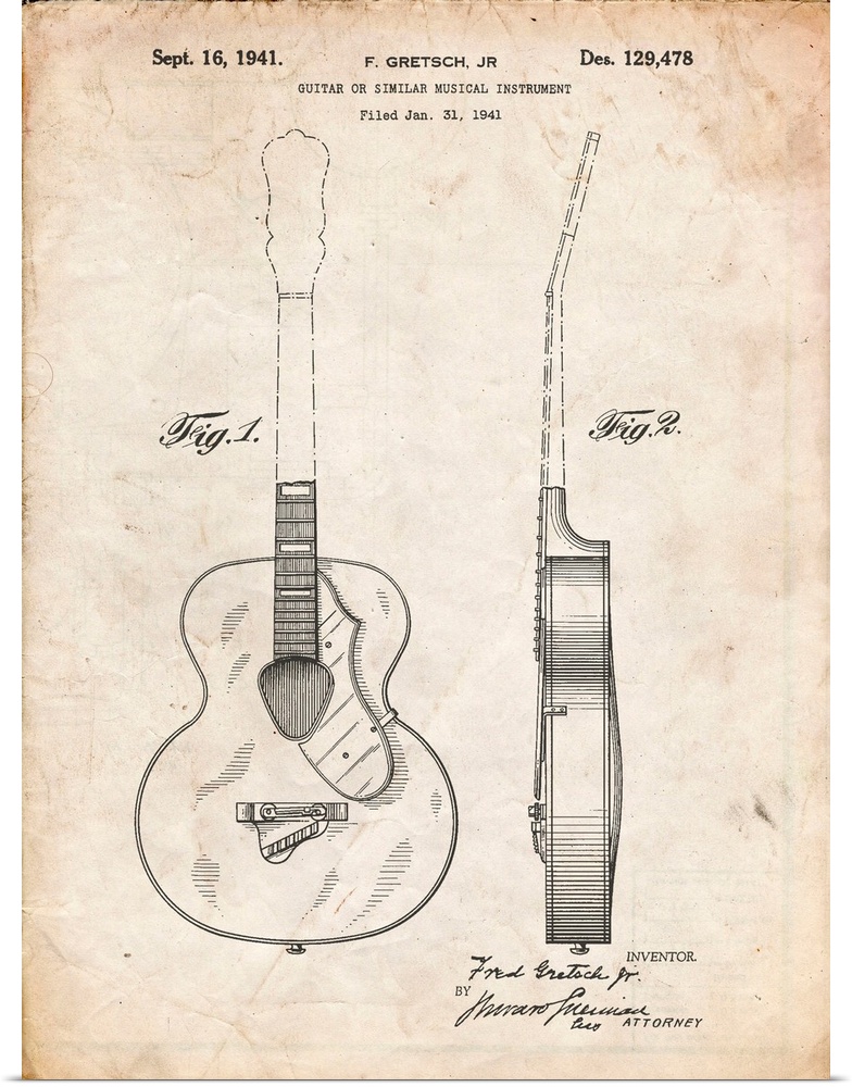 Vintage Parchment Gretsch 6022 Rancher Guitar Patent Poster