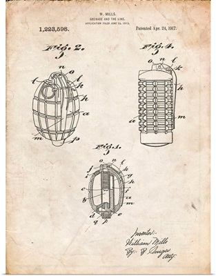 Vintage Parchment Hand Grenade 1915 Patent Poster