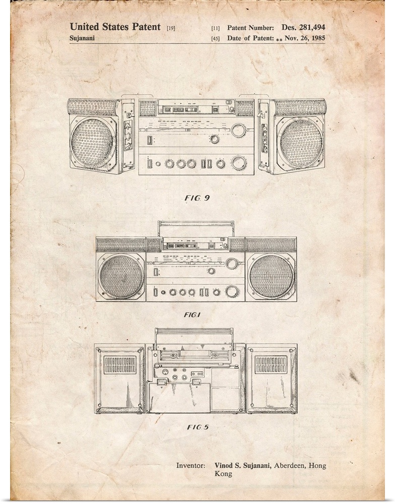 Vintage Parchment Hitachi Boom Box Patent Poster