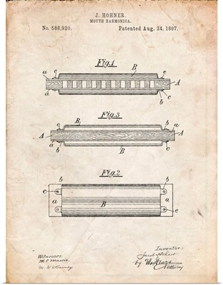 Vintage Parchment Hohner Harmonica Patent Poster
