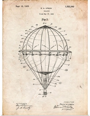 Vintage Parchment Hot Air Balloon 1923 Patent Poster