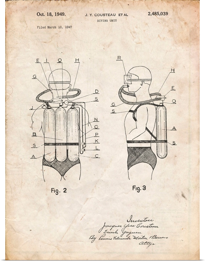 Vintage Parchment Jacques Cousteau Diving Suit Patent Poster