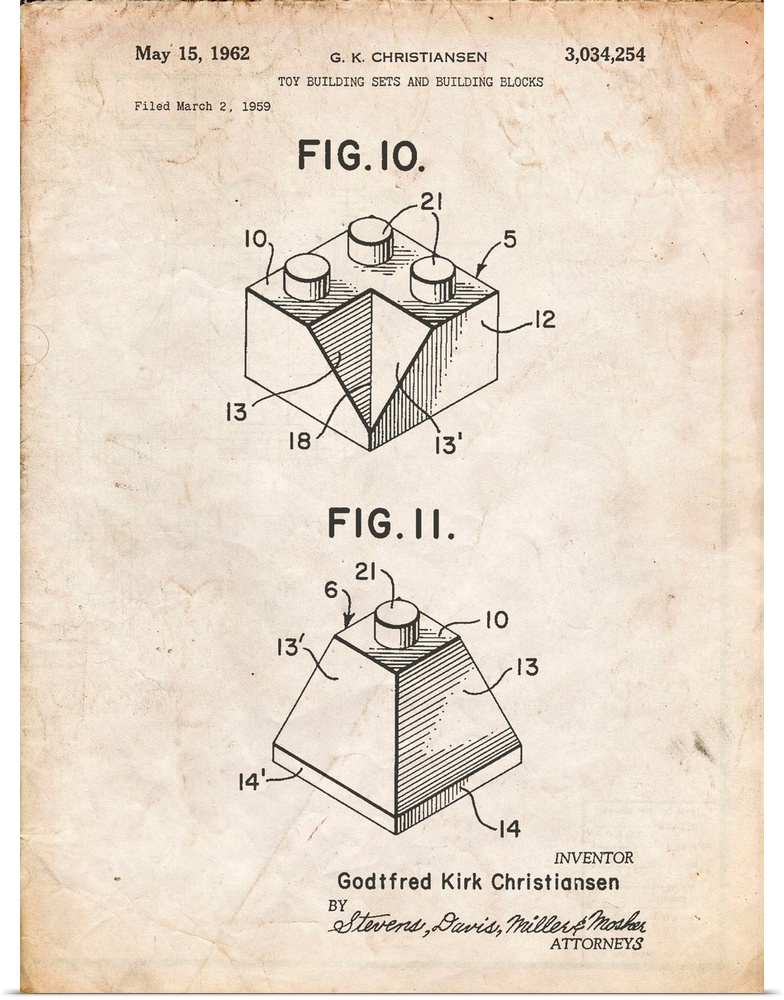 Vintage Parchment Lego Building Kit Blocks Patent Poster