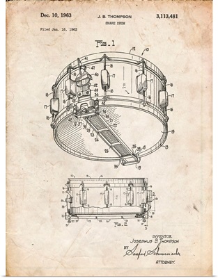 Vintage Parchment Rogers Snare Drum Patent Poster