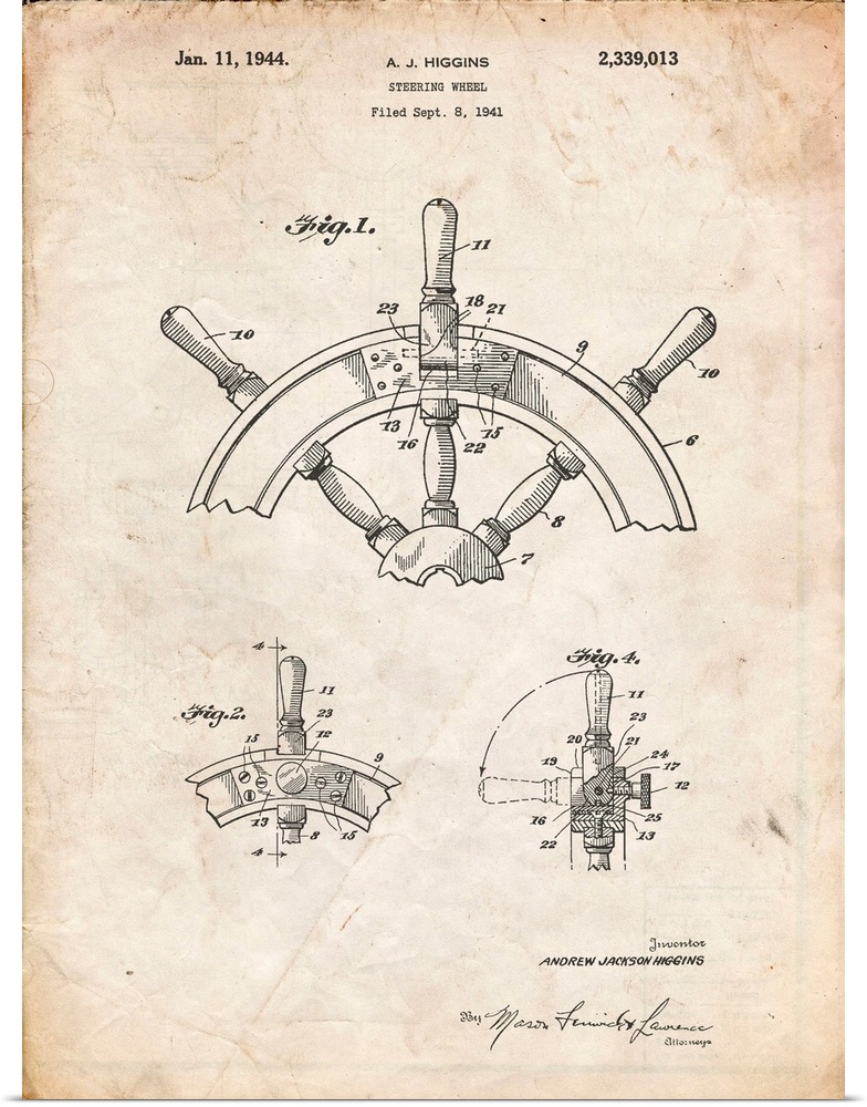 Vintage Parchment Ship Steering Wheel Patent Poster