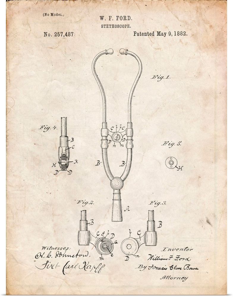 Vintage Parchment Stethoscope Patent Poster