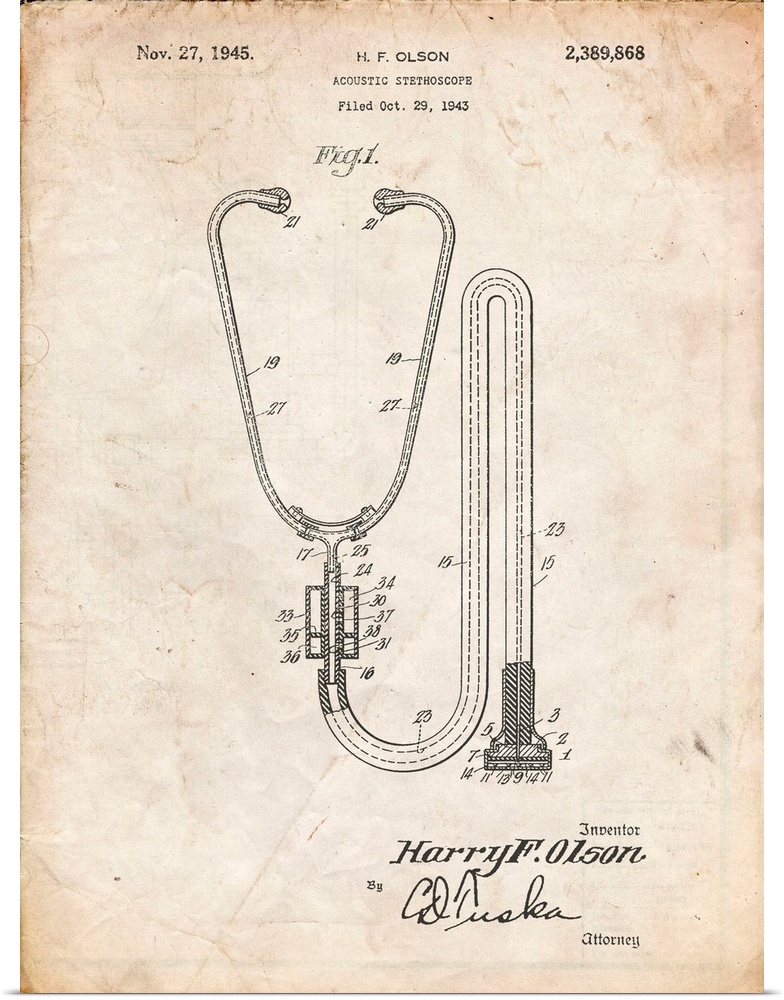 Vintage Parchment Stethoscope Patent Poster