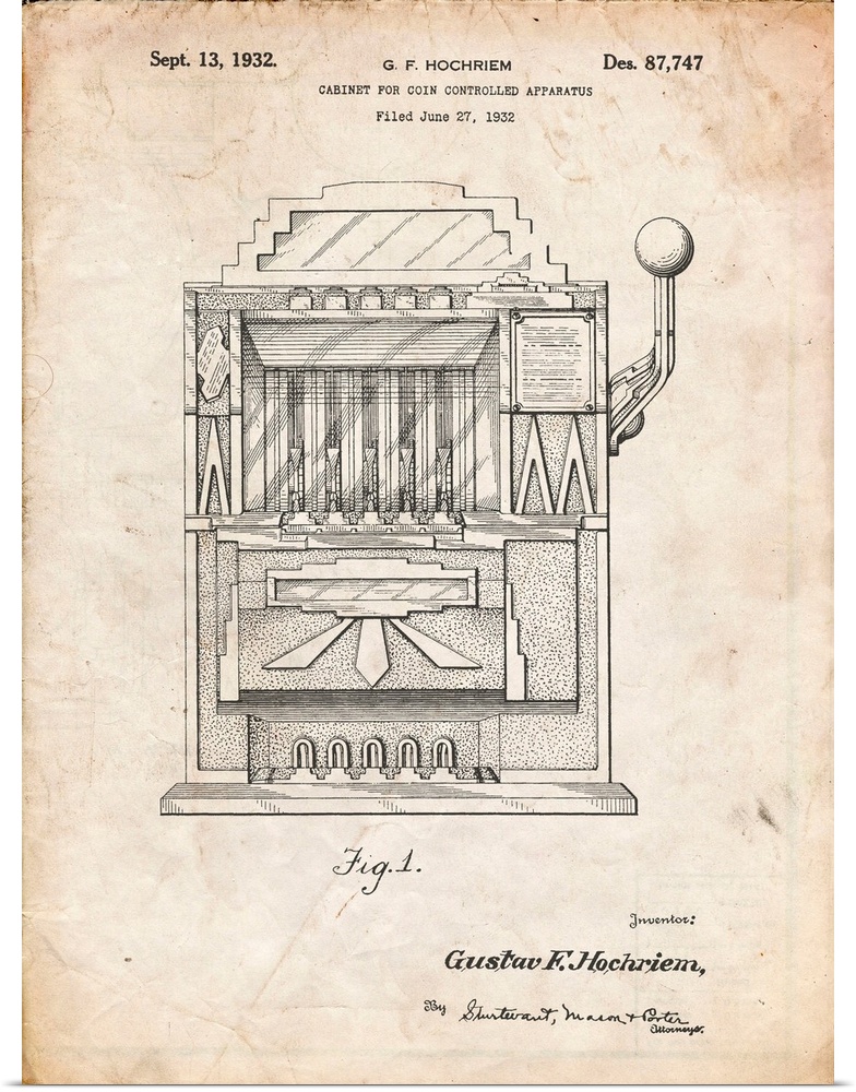Vintage Parchment Vintage Slot Machine 1932 Patent Poster