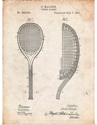 Vintage Parchment Vintage Tennis Racket 1891 Patent Poster