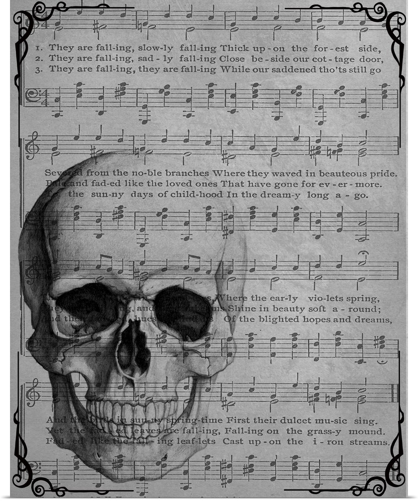 Black and white vintage sheet music with a skull on top.