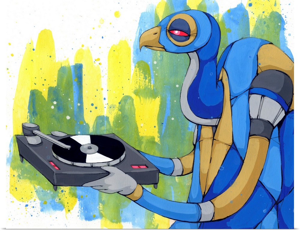 Painting of a blue, tan, and grey vulture carrying a record player.