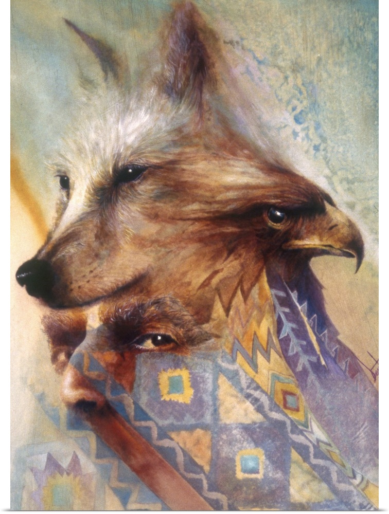 A contemporary painting of a mans eyes surrounded by a wolf and eagle's head at the top and Native American patterns at th...