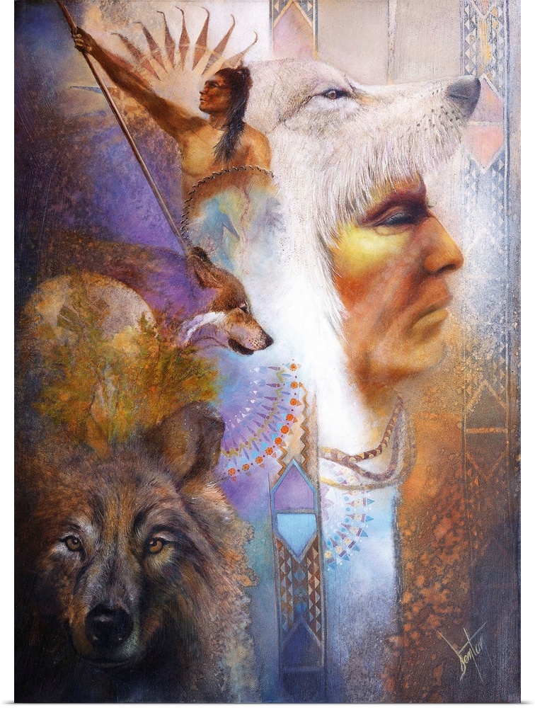 Native American man wearing a wolf skin on his head with images of wolves and Native American men around him.
