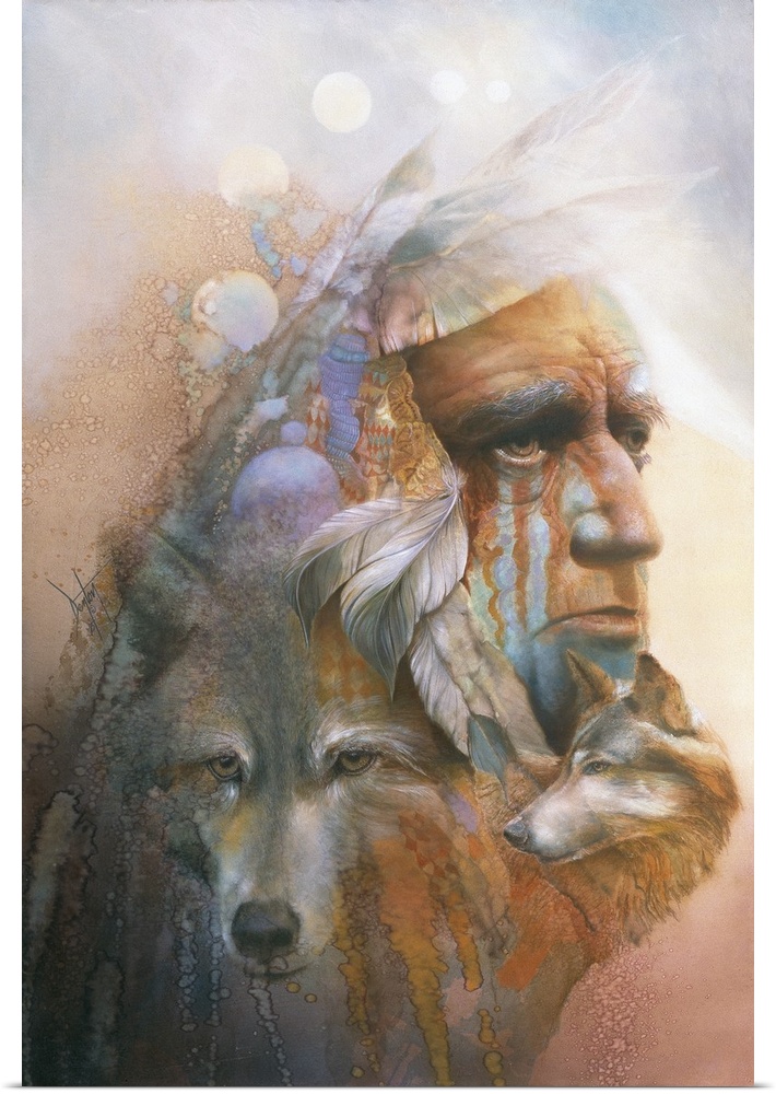 A contemporary painting of an elderly Native American man surrounded by wolves and feathers.