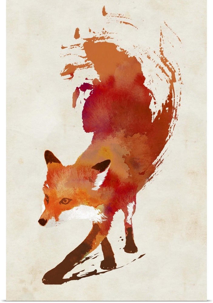Contemporary artwork of a red fox with a watercolor paint trail coming off it.