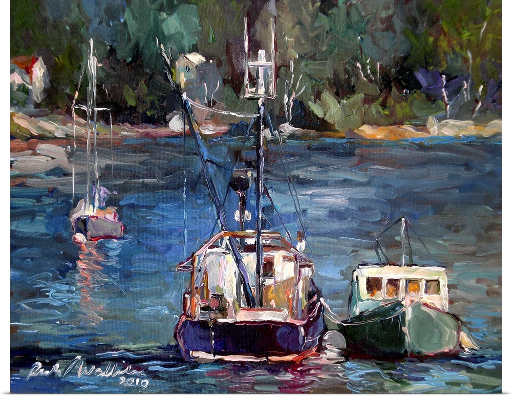Contemporary painting of a fishing boat in a harbor.