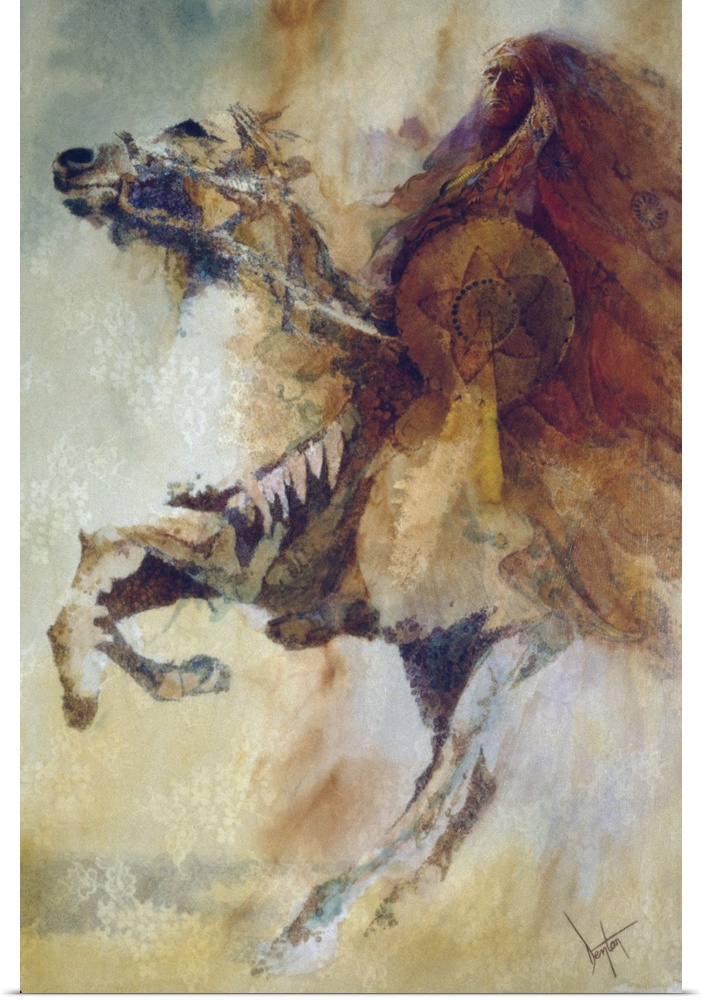 A contemporary painting of a Native American chief sitting atop a horse rearing up.