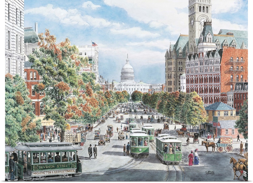 Contemporary painting of a view of backed up traffic in Washington D.C.